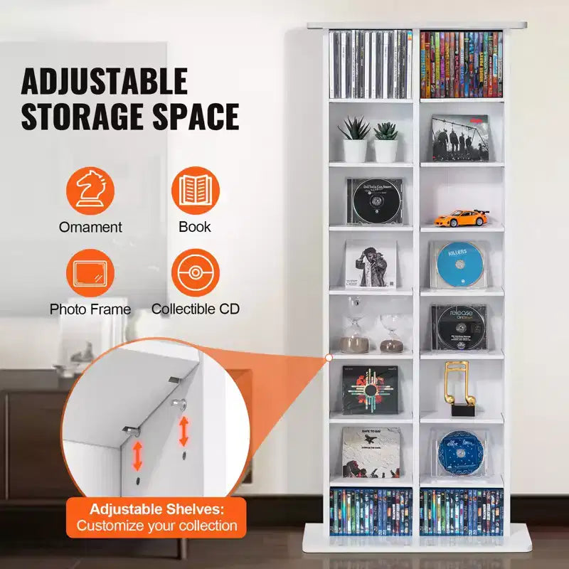 Meuble de rangement multimédia VEVOR, étagère DVD à 8 niveaux pouvant contenir jusqu'à 464 CD, étagères CD réglables à 16 compartiments, protège et organise la musique et les films