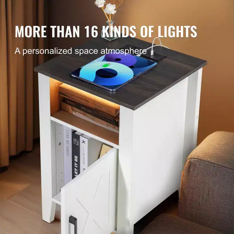 VEVOR Table d'appoint de ferme, lot de 2, table de chevet avec station de recharge, table d'appoint à 3 niveaux avec armoire de rangement, table d'appoint avec ports USB et prises