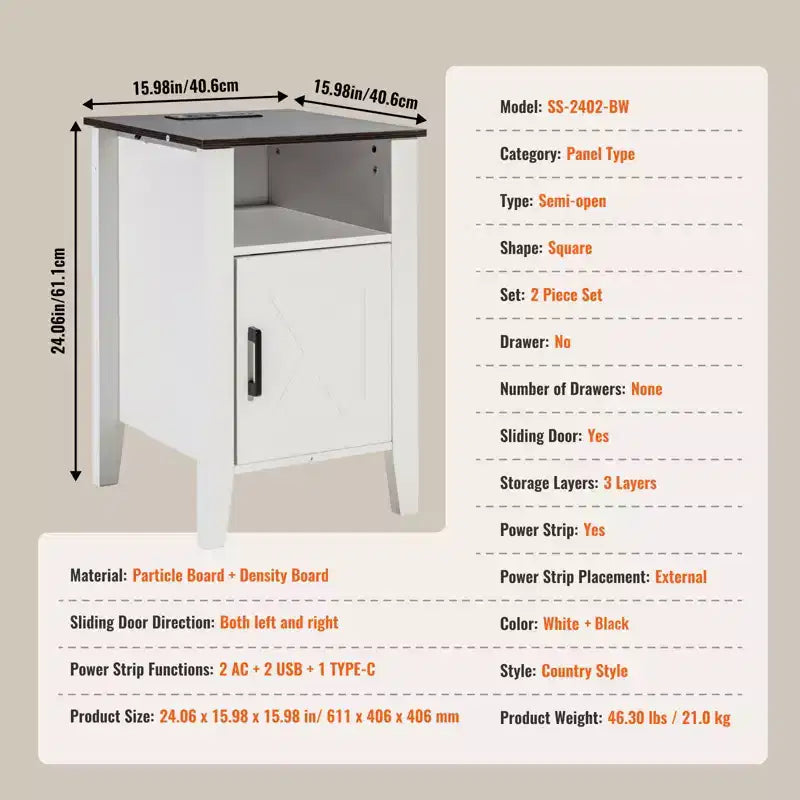 VEVOR Table d'appoint de ferme, lot de 2, table de chevet avec station de recharge, table d'appoint à 3 niveaux avec armoire de rangement, table d'appoint avec ports USB et prises
