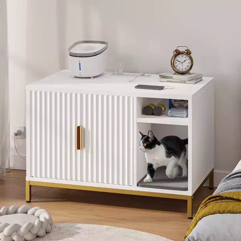 Bestier – Meuble Cache-Litière pour Chat avec Station de Recharge, Tapis de Litière et Toilettes pour Chat