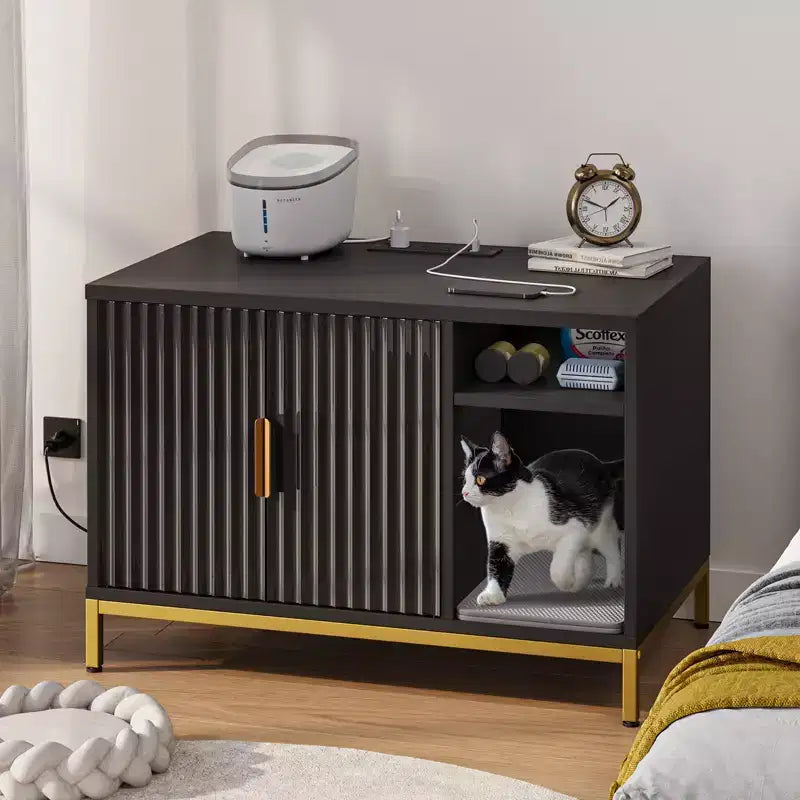 Bestier – Meuble Cache-Litière pour Chat avec Station de Recharge, Tapis de Litière et Toilettes pour Chat