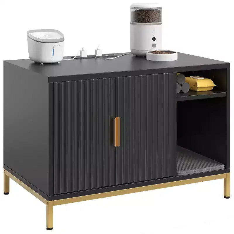 Bestier – Meuble Cache-Litière pour Chat avec Station de Recharge, Tapis de Litière et Toilettes pour Chat