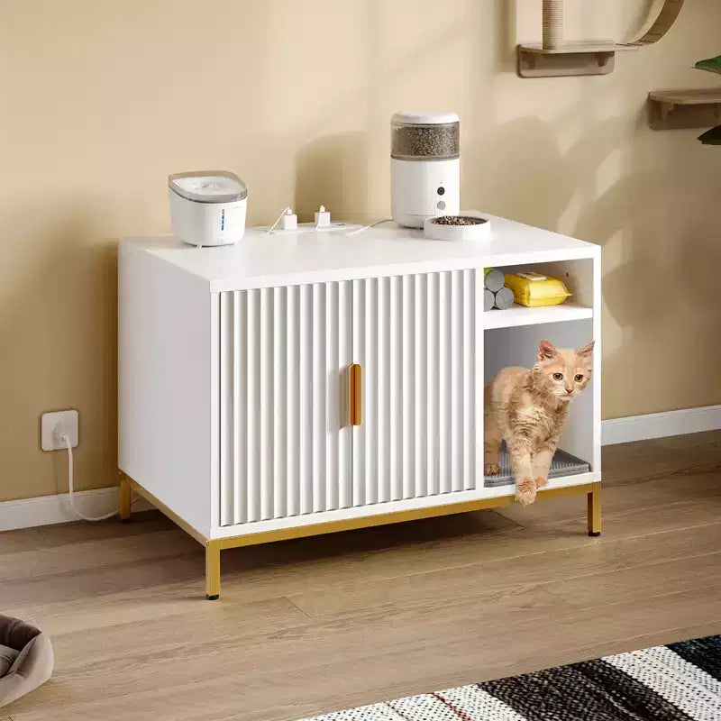 Bestier – Meuble Cache-Litière pour Chat avec Station de Recharge, Tapis de Litière et Toilettes pour Chat
