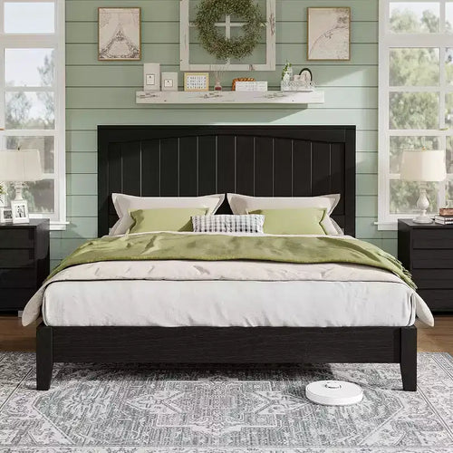 AMERLIFE Solid Wood Bed Frame, Mid Century Platform Bed with Arched Lines Headboard