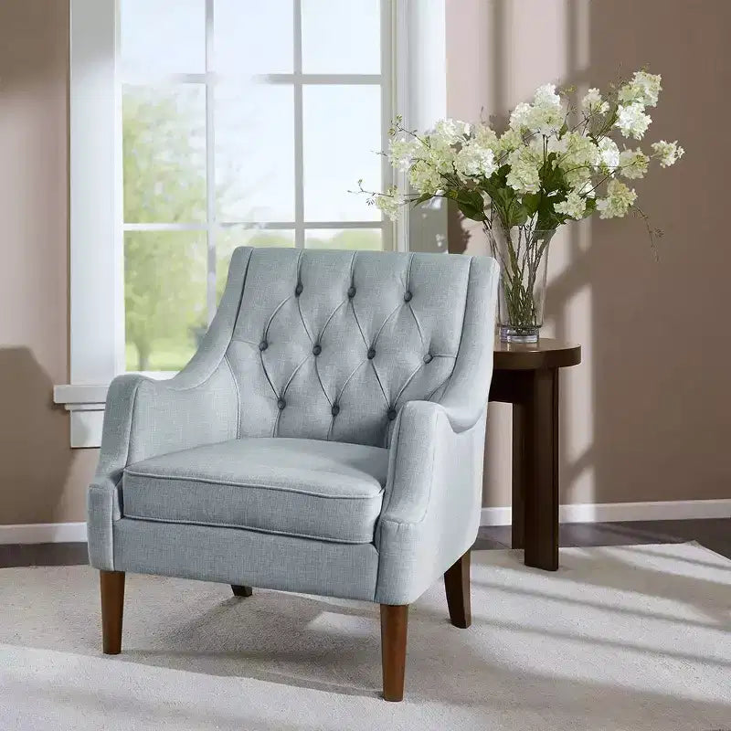 Okak Fauteuil d'appoint contemporain avec boutons capitonnés, coussin rembourré et pieds en bois, pour salon, chambre ou coin lecture