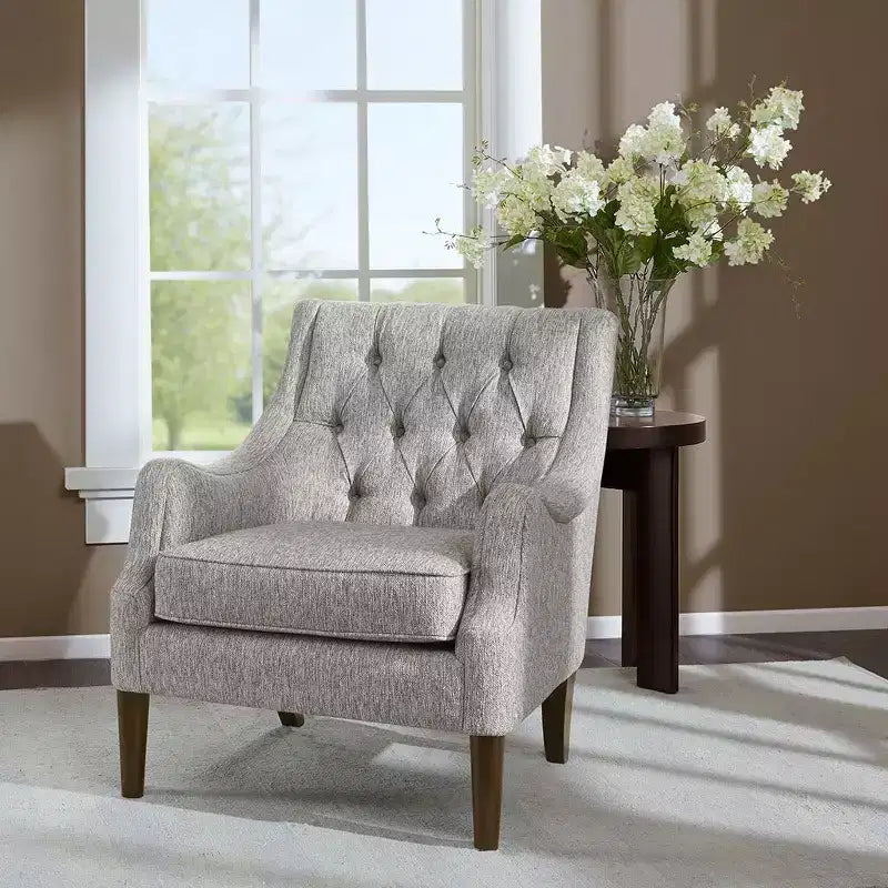 Okak Fauteuil d'appoint contemporain avec boutons capitonnés, coussin rembourré et pieds en bois, pour salon, chambre ou coin lecture