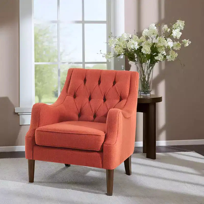 Okak Fauteuil d'appoint contemporain avec boutons capitonnés, coussin rembourré et pieds en bois, pour salon, chambre ou coin lecture
