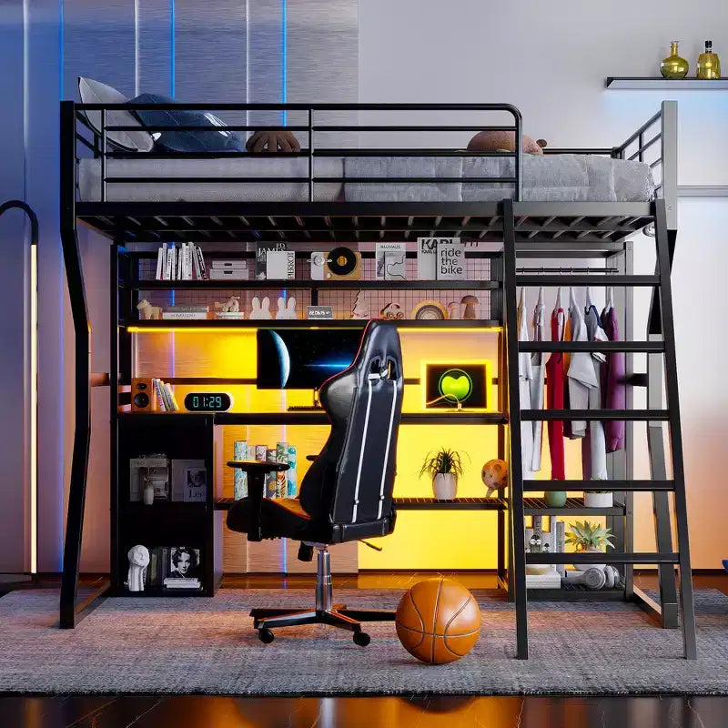 GDFStudio Susan Lit mezzanine en métal pleine taille avec poste de travail intégré, armoire ouverte, LED et port de charge