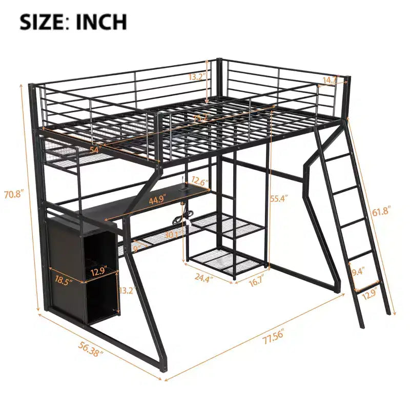 GDFStudio Susan Lit mezzanine en métal pleine taille avec poste de travail intégré, armoire ouverte, LED et port de charge