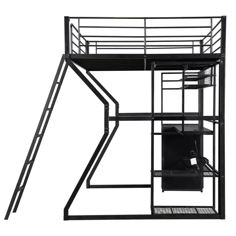 GDFStudio Susan Lit mezzanine en métal pleine taille avec poste de travail intégré, armoire ouverte, LED et port de charge