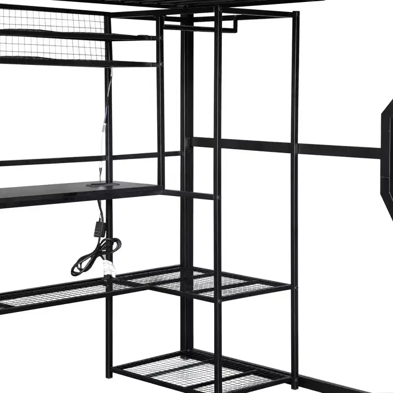 GDFStudio Susan Lit mezzanine en métal pleine taille avec poste de travail intégré, armoire ouverte, LED et port de charge