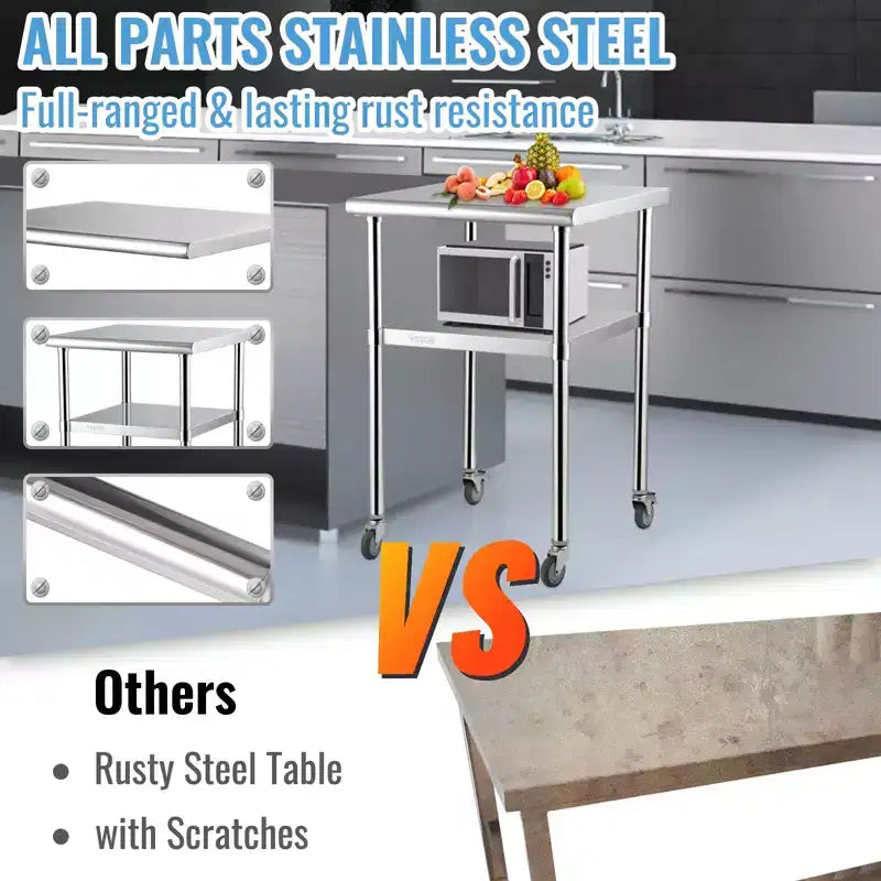 Table de préparation en acier inoxydable VEVOR, 61 x 61 x 91,4 cm, capacité de charge de 272 kg, table de travail en métal robuste avec étagère inférieure réglable
