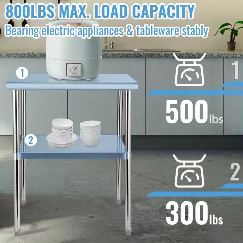 Table de préparation en acier inoxydable VEVOR, 61 x 61 x 91,4 cm, capacité de charge de 272 kg, table de travail en métal robuste avec étagère inférieure réglable