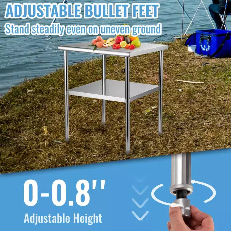 Table de préparation en acier inoxydable VEVOR, 61 x 61 x 91,4 cm, capacité de charge de 272 kg, table de travail en métal robuste avec étagère inférieure réglable