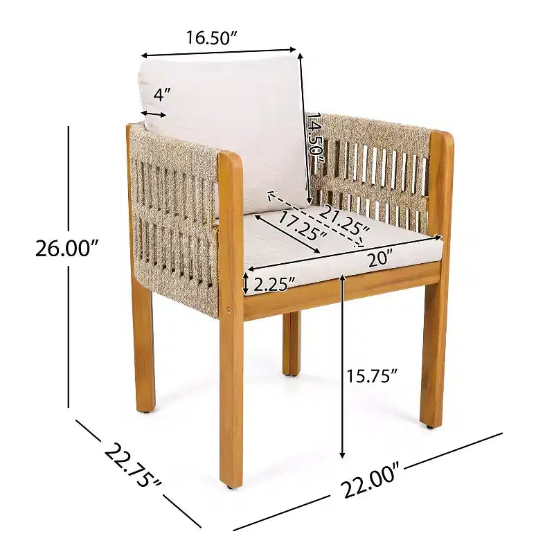 MAYEERTY Lot de 2 chaises de patio en bois d'acacia avec accoudoirs en corde et coussins en mousse imperméables, capacité de 180 kg