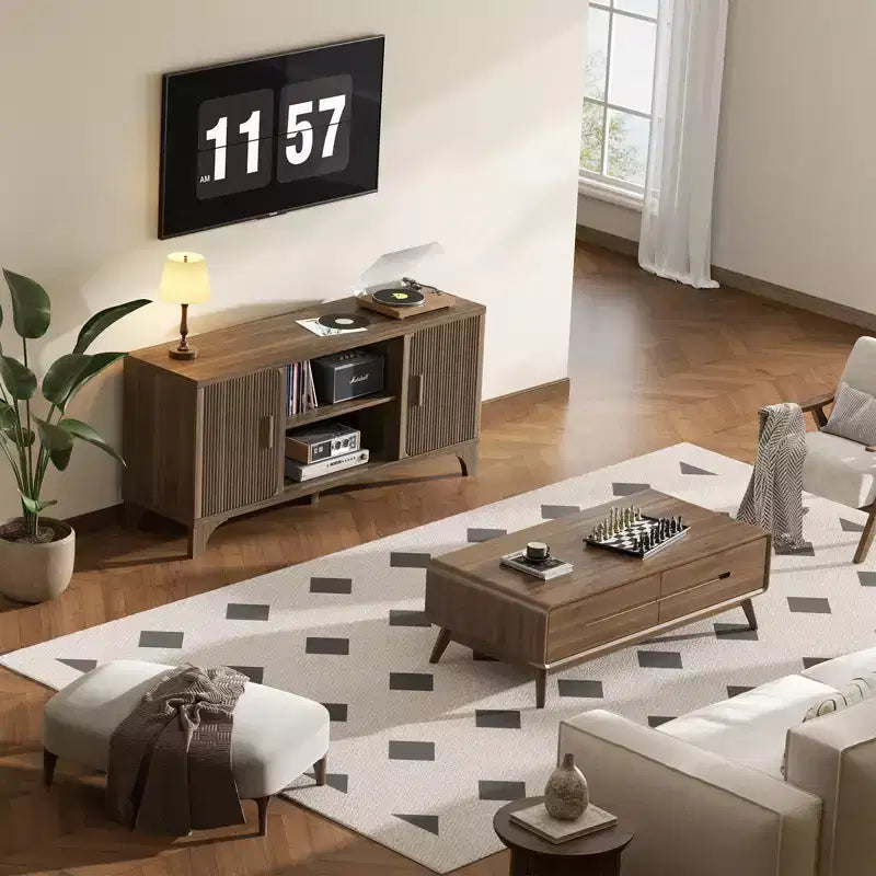 Meuble TV Mid-Century Modern pour téléviseurs de 32 à 65 pouces, portes cannelées, placards de rangement, étagères, noyer