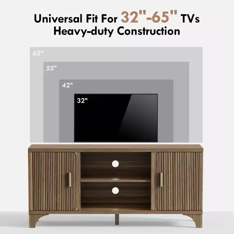 Meuble TV Mid-Century Modern pour téléviseurs de 32 à 65 pouces, portes cannelées, placards de rangement, étagères, noyer