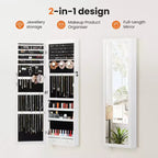 Armoire à bijoux verrouillable en MDF 119 x 28 cm, avec miroir, lumières LED et 6 tiroirs, blanc