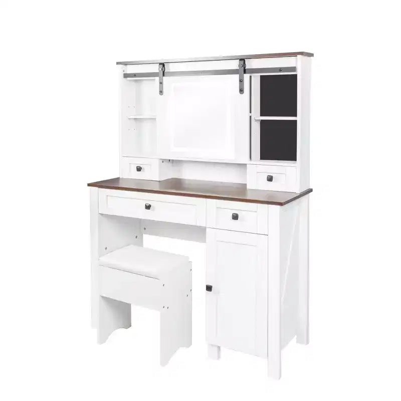Coiffeuse Okak avec lumières, coiffeuse de ferme avec miroir et lumières, coiffeuse de 106 cm de large avec 4 tiroirs et 1 armoire