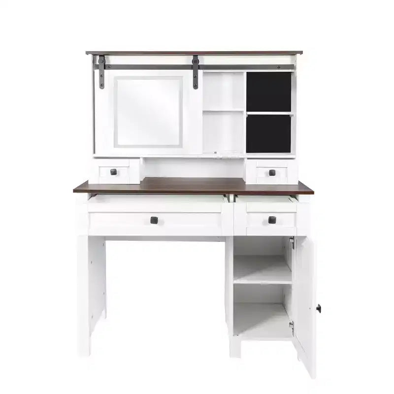 Coiffeuse Okak avec lumières, coiffeuse de ferme avec miroir et lumières, coiffeuse de 106 cm de large avec 4 tiroirs et 1 armoire