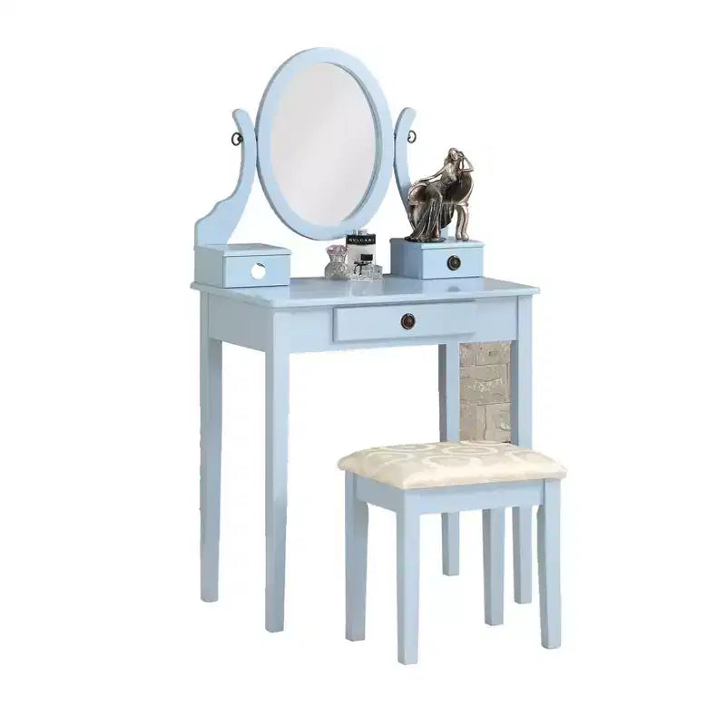Okak Ensemble Coiffeuse et Chaise, Coiffeuse et Tabouret en Bois pour Chambre à Coucher et Salon, avec Miroir Ovale Élégant, Bleu