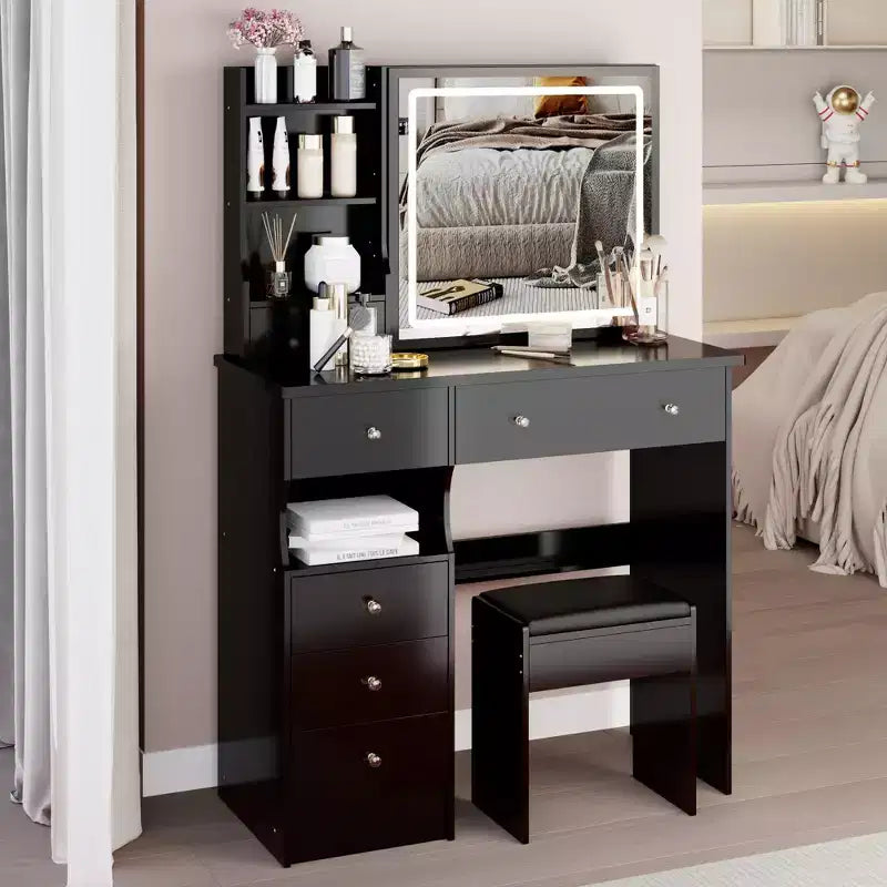 Okak Ensemble Table de Maquillage et Chaise avec Rangement Grande Capacité, Table de Maquillage de 37 Pouces avec Tiroir Gauche et Miroir LED Tactile Extra Large, Noir