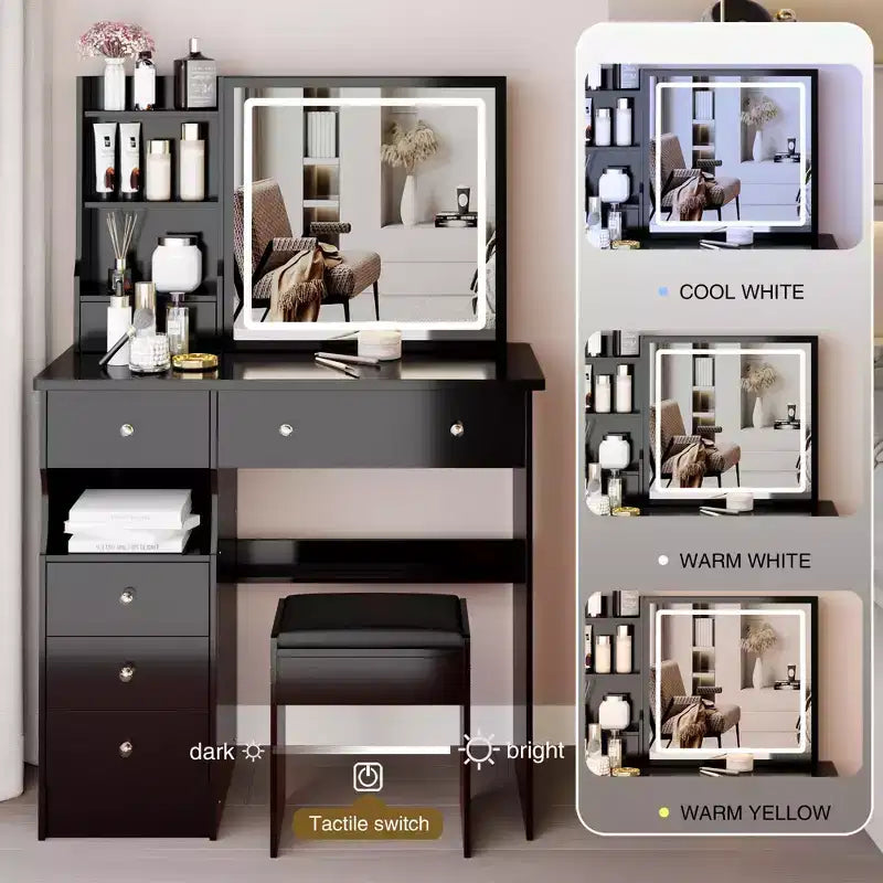 Okak Ensemble Table de Maquillage et Chaise avec Rangement Grande Capacité, Table de Maquillage de 37 Pouces avec Tiroir Gauche et Miroir LED Tactile Extra Large, Noir