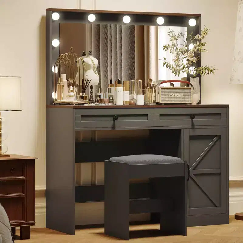 Okak Coiffeuse avec tiroirs et lumières, Coiffeuse de 110 cm avec grand miroir, 11 lumières LED et 3 tiroirs, Noir