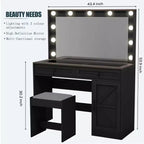 Okak Coiffeuse avec tiroirs et lumières, Coiffeuse de 110 cm avec grand miroir, 11 lumières LED et 3 tiroirs, Noir