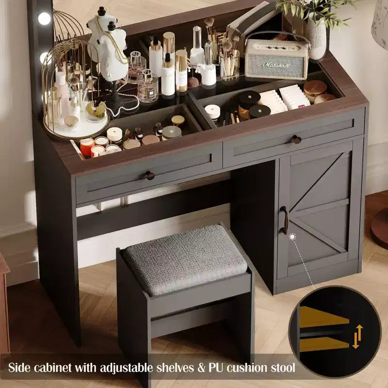 Okak Coiffeuse avec tiroirs et lumières, Coiffeuse de 110 cm avec grand miroir, 11 lumières LED et 3 tiroirs, Noir