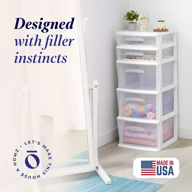 Chariot de rangement Homz, meuble à 5 tiroirs en plastique, idéal pour le rangement à la maison et au bureau, structure blanche avec tiroirs transparents