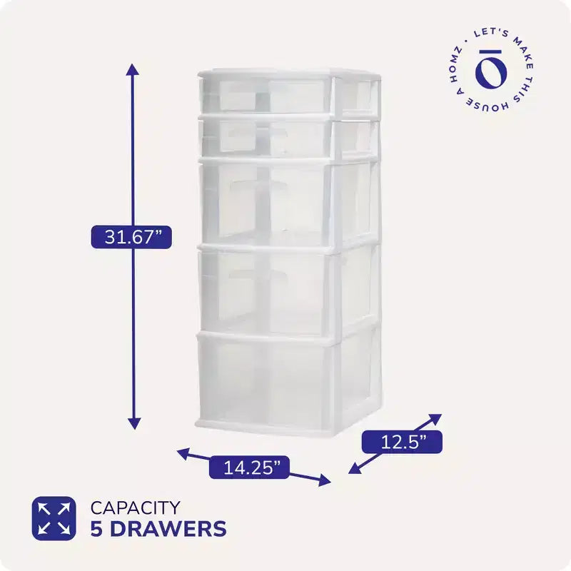 Chariot de rangement Homz, meuble à 5 tiroirs en plastique, idéal pour le rangement à la maison et au bureau, structure blanche avec tiroirs transparents