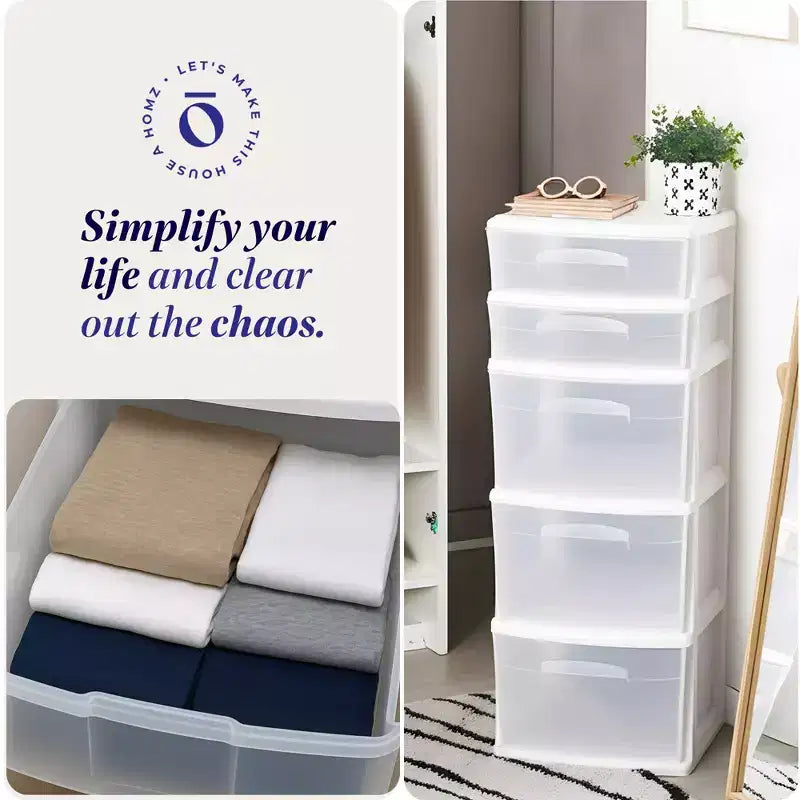 Chariot de rangement Homz, meuble à 5 tiroirs en plastique, idéal pour le rangement à la maison et au bureau, structure blanche avec tiroirs transparents