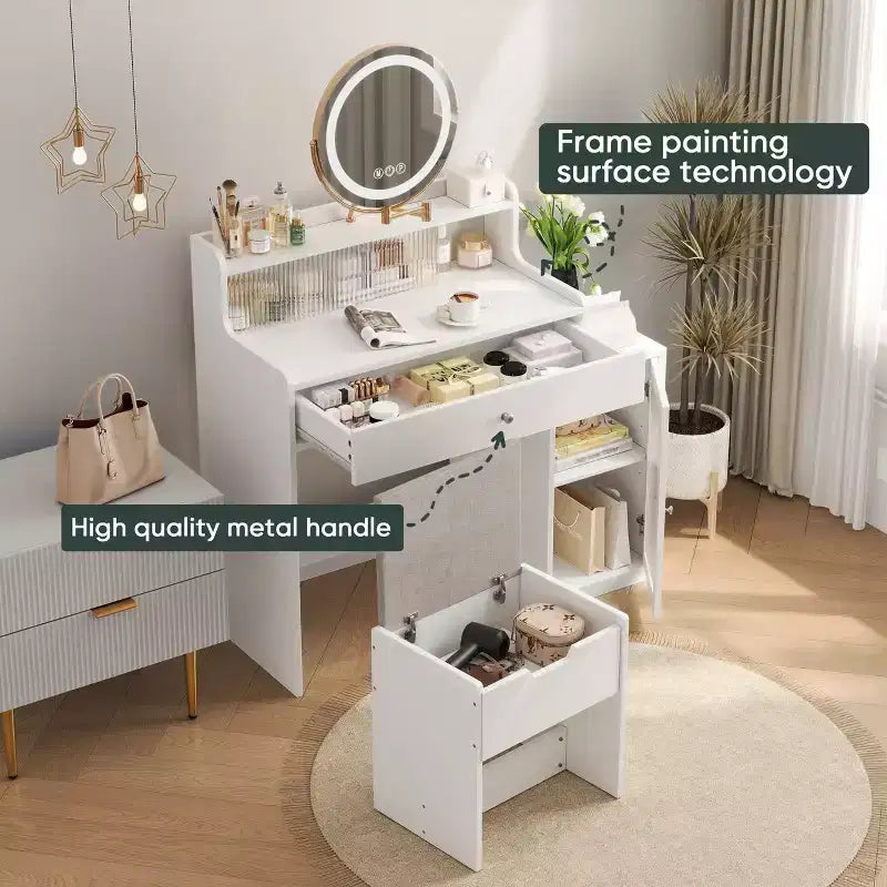 Coiffeuse Okak 47 avec grand miroir, ensemble de coiffeuse avec station de recharge, coiffeuse avec 5 tiroirs et armoire pour chambre à coucher