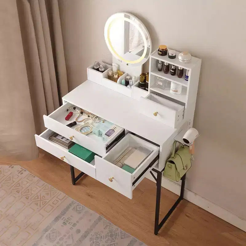 Coiffeuse Okak 47 avec grand miroir, ensemble de coiffeuse avec station de recharge, coiffeuse avec 5 tiroirs et armoire pour chambre à coucher