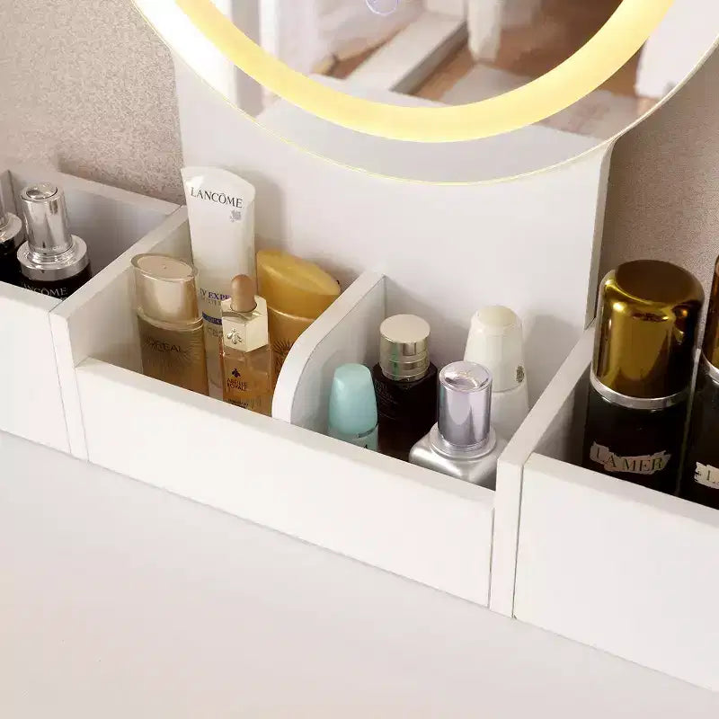 Coiffeuse Okak 47 avec grand miroir, ensemble de coiffeuse avec station de recharge, coiffeuse avec 5 tiroirs et armoire pour chambre à coucher