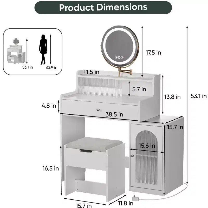 Coiffeuse Okak 47 avec grand miroir, ensemble de coiffeuse avec station de recharge, coiffeuse avec 5 tiroirs et armoire pour chambre à coucher