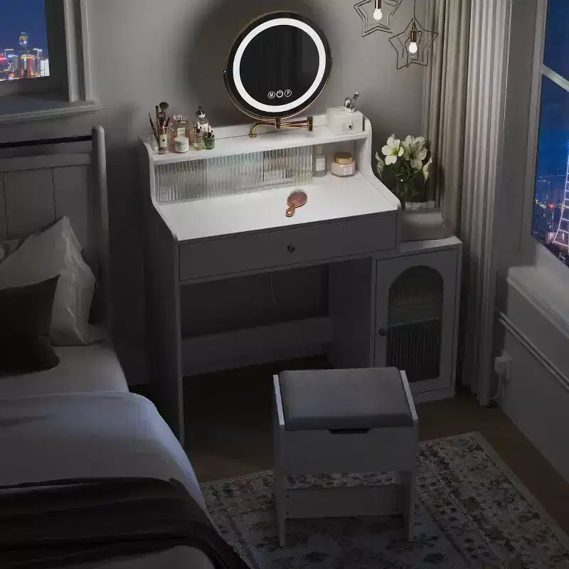 Coiffeuse Okak 47 avec grand miroir, ensemble de coiffeuse avec station de recharge, coiffeuse avec 5 tiroirs et armoire pour chambre à coucher