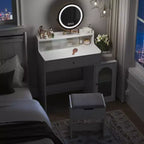 Coiffeuse Okak 47 avec grand miroir, ensemble de coiffeuse avec station de recharge, coiffeuse avec 5 tiroirs et armoire pour chambre à coucher