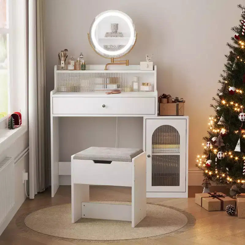 Coiffeuse Okak 47 avec grand miroir, ensemble de coiffeuse avec station de recharge, coiffeuse avec 5 tiroirs et armoire pour chambre à coucher