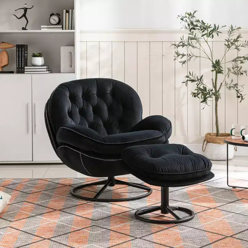 Fauteuil d'appoint en velours Okak avec pouf, fauteuil de salon moderne de style scandinave sans accoudoirs, fauteuil d'appoint doux et confortable pour regarder la télévision, jouer à des jeux
