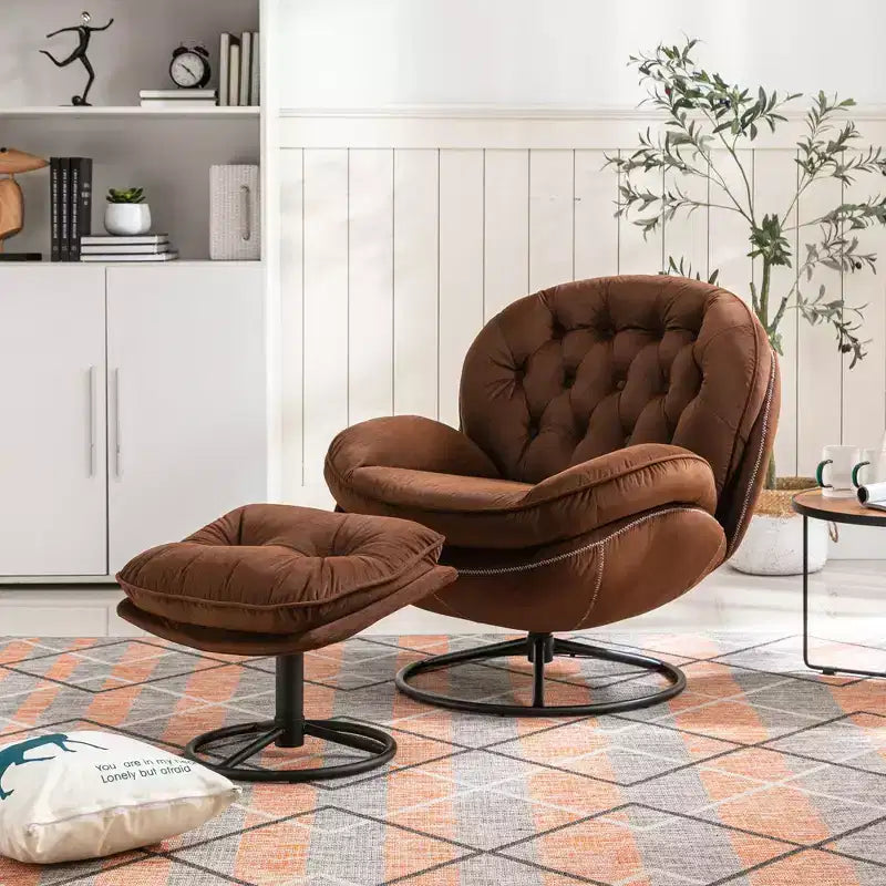 Fauteuil d'appoint en velours Okak avec pouf, fauteuil de salon moderne de style scandinave sans accoudoirs, fauteuil d'appoint doux et confortable pour regarder la télévision, jouer à des jeux