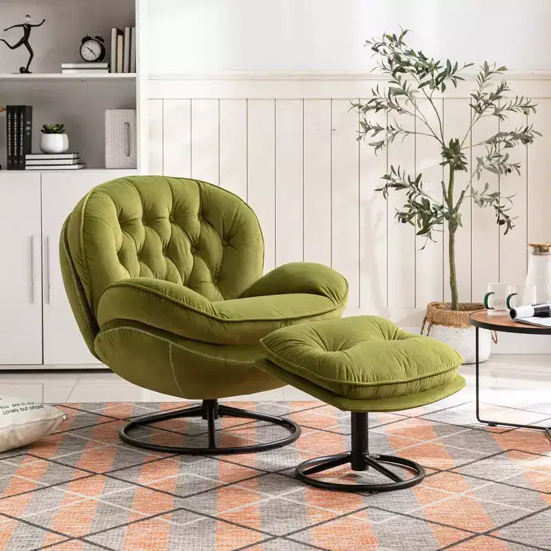 Fauteuil d'appoint en velours Okak avec pouf, fauteuil de salon moderne de style scandinave sans accoudoirs, fauteuil d'appoint doux et confortable pour regarder la télévision, jouer à des jeux