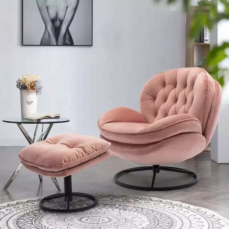 Fauteuil d'appoint en velours Okak avec pouf, fauteuil de salon moderne de style scandinave sans accoudoirs, fauteuil d'appoint doux et confortable pour regarder la télévision, jouer à des jeux