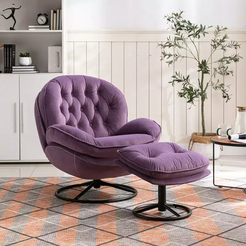 Fauteuil d'appoint en velours Okak avec pouf, fauteuil de salon moderne de style scandinave sans accoudoirs, fauteuil d'appoint doux et confortable pour regarder la télévision, jouer à des jeux