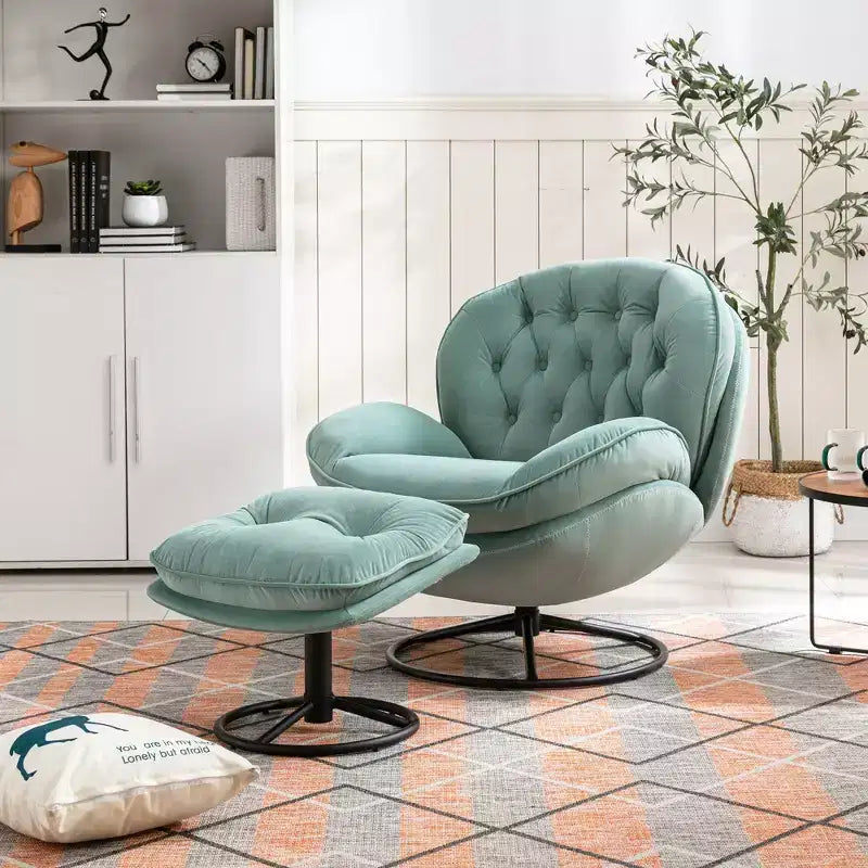 Fauteuil d'appoint en velours Okak avec pouf, fauteuil de salon moderne de style scandinave sans accoudoirs, fauteuil d'appoint doux et confortable pour regarder la télévision, jouer à des jeux