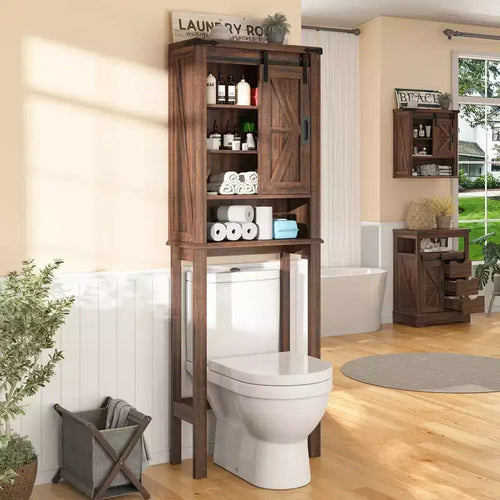 AMERLIFE Farmhouse 68 Tall Bathroom Storage Cabinet with Sliding Barn Door & Adjustable Shelves, Reclaimed Barnwood