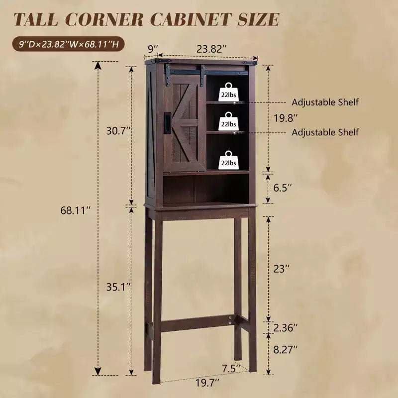 AMERLIFE Armoire de rangement de salle de bain de ferme de 172,7 cm de haut avec porte coulissante de grange et étagères réglables, bois de grange récupéré