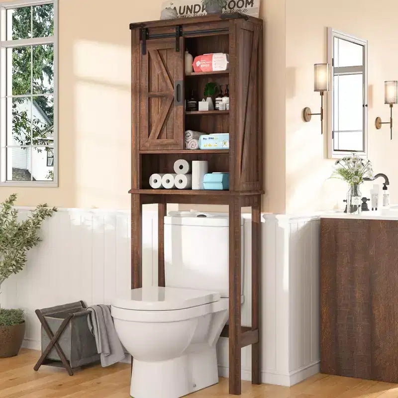 AMERLIFE Armoire de rangement de salle de bain de ferme de 172,7 cm de haut avec porte coulissante de grange et étagères réglables, bois de grange récupéré