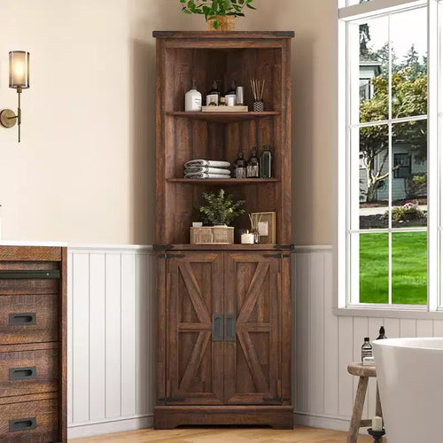 AMERLIFE Farmhouse 68 Tall Corner Cabinet, Tall Storage Cabinet with Barn Door